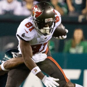 Oct 14, 2021; Philadelphia, Pennsylvania, USA; Tampa Bay Buccaneers wide receiver Antonio Brown (81) makes a reception past Philadelphia Eagles safety Rodney McLeod (23) during the second quarter at Lincoln Financial Field.