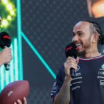 Mercedes AMG Petronas F1 Team driver Lewis Hamilton (44) of the United Kingdom smiles and laughs with Mercedes AMG Petronas F1 Team driver George Russell (63) of the United Kingdom