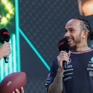 Mercedes AMG Petronas F1 Team driver Lewis Hamilton (44) of the United Kingdom smiles and laughs with Mercedes AMG Petronas F1 Team driver George Russell (63) of the United Kingdom