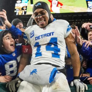 Detroit Lions wide receiver Amon-Ra St. Brown (14) leaps into Lions fans as they celebrate 24-14 win over Green Bay Packers at Lambeau Field in Green Bay, Wis. on Sunday, Nov. 3, 2024.