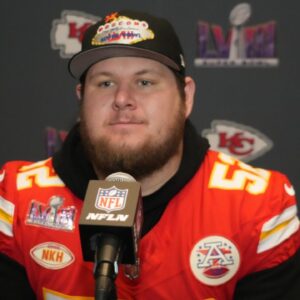 Kansas City Chiefs center Creed Humphrey (52) during a press conference before Super Bowl LVIII at Westin Lake Las Vegas Resort and Spa.