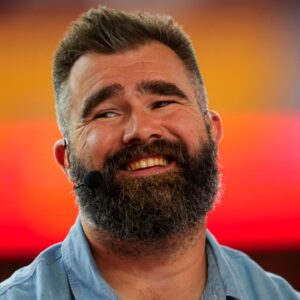 Former NFL player Jason Kelce prior to a game between the New Orleans Saints and the Kansas City Chiefs at GEHA Field at Arrowhead Stadium.
