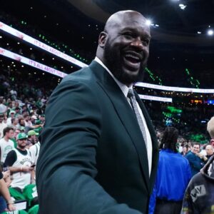 Shaquille O'Neal greets fans before the game between the Boston Celtics and the Dallas Mavericks in game one of the 2024 NBA Finals at TD Garden.