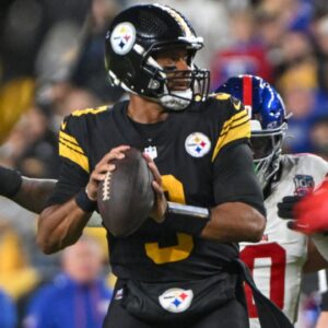 Oct 28, 2024; Pittsburgh, Pennsylvania, USA; Pittsburgh Steelers quarterback Russell Wilson (3) looks to pass against the New York Giants during the first quarter at Acrisure Stadium.