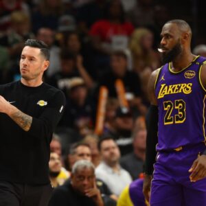 Los Angeles Lakers head coach JJ Redick with forward LeBron James (23) against the Phoenix Suns at Footprint Center.