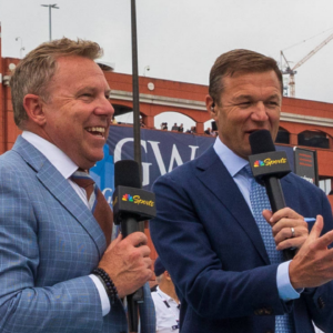 NBC broadcasters Leigh Diffey, Townsend Bell, and James Hinchcliffe talk prior to the Chevrolet Detroit Grand Prix. The NTT IndyCar, Indy Car, IRL, USA Series runs the Chevrolet Grand Prix on the streets of downtown Detroit, Michigan.