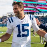 Indianapolis Colts quarterback Joe Flacco (15) reacts after the Colts defeated the Tennessee Titans 20-17 at Nissan Stadium in Nashville, Tenn., Sunday, Oct. 13, 2024.