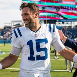 Indianapolis Colts quarterback Joe Flacco (15) reacts after the Colts defeated the Tennessee Titans 20-17 at Nissan Stadium in Nashville, Tenn., Sunday, Oct. 13, 2024.