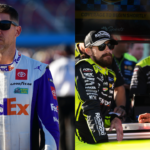 Denny Hamlin (L) and Ryan Blaney and Joey Logano (R)