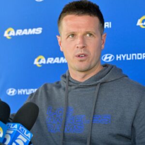 May 28, 2024; Thousand Oaks, CA, USA; Los Angeles Rams defensive coordinator Chris Shula speaks to the media following OTAs at the team training facility at California Lutheran University.