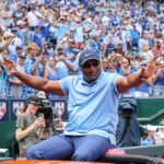 Bo Jackson greets fans as he enters the stadium for his Royals Hall of Fame induction prior to the game between the Kansas City Royals and the Cleveland Guardians at Kauffman Stadium.
