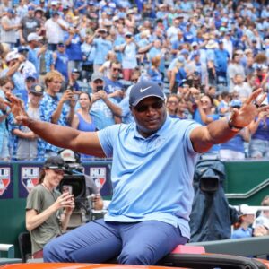Bo Jackson greets fans as he enters the stadium for his Royals Hall of Fame induction prior to the game between the Kansas City Royals and the Cleveland Guardians at Kauffman Stadium.