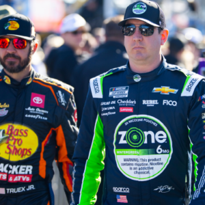 NASCAR Cup Series driver Kyle Busch (right) and Martin Truex Jr during the Daytona 500 at Daytona International Speedway.