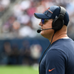 Aug 26, 2023; Chicago, Illinois, USA; Chicago Bears offensive coordinator Luke Getsy looks on during the team s game against the Buffalo Bills at Soldier Field. Mandatory Credit: Matt Marton-Imagn Images