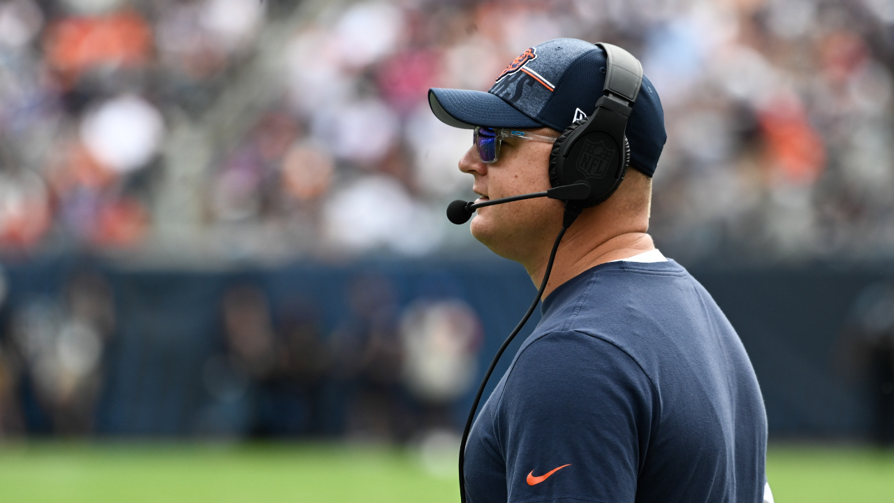Aug 26, 2023; Chicago, Illinois, USA; Chicago Bears offensive coordinator Luke Getsy looks on during the team s game against the Buffalo Bills at Soldier Field. Mandatory Credit: Matt Marton-Imagn Images