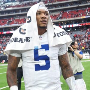 Indianapolis Colts quarterback Anthony Richardson (5) stands on the field after the game against the Houston Texans at NRG Stadium.