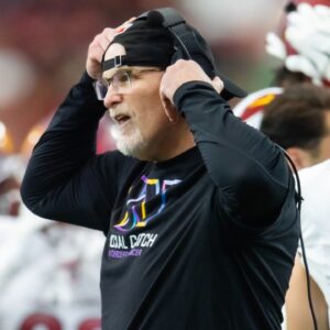 Sep 29, 2024; Glendale, Arizona, USA; Washington Commanders head coach Dan Quinn against the Arizona Cardinals in the second half at State Farm Stadium.