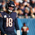 Chicago Bears quarterback Caleb Williams (18) reacts after a pass against the New England Patriots during the second half at Soldier Field.
