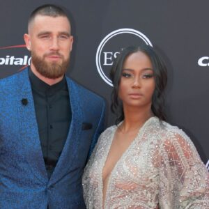 Kansas City Chiefs tight end Travis Kelce and Kayla Nicole arrive for the 2018 ESPYS at Microsoft Theatre.