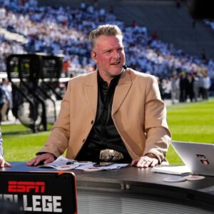 Pat McAfee sits on the ESPN College Gameday set prior to the NCAA football game between the Penn State Nittany Lions and the Ohio State Buckeyes at Beaver Stadium in University Park, Pa.