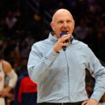 Los Angeles Clippers owner Steve Ballmer speaks to the crowd before the game between the Los Angeles Clippers and the Portland Trail Blazers at Climate Pledge Arena