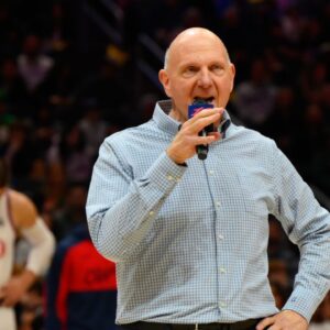 Los Angeles Clippers owner Steve Ballmer speaks to the crowd before the game between the Los Angeles Clippers and the Portland Trail Blazers at Climate Pledge Arena