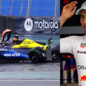 Franco Colapinto's Williams FW46 crash in Brazil (L) and Sergio Perez (R)
