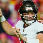 Tampa Bay Buccaneers quarterback Baker Mayfield (6) throws a pass during the first half against the Kansas City Chiefs at GEHA Field at Arrowhead Stadium.