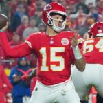 Nov 4, 2024; Kansas City, Missouri, USA; Kansas City Chiefs quarterback Patrick Mahomes (15) throws a pass against the Tampa Bay Buccaneers during the first half at GEHA Field at Arrowhead Stadium.