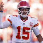 Kansas City Chiefs quarterback Patrick Mahomes (15) reacts after the Chiefs scored a touchdown against the San Francisco 49ers in the fourth quarter at Levi's Stadium.