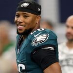 Philadelphia Eagles running back Saquon Barkley (26) walk-on the field before the game against the Dallas Cowboys at AT&T Stadium.