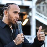 Mercedes AMG Petronas Motorsport driver Lewis Hamilton (44) of Team Great Britain on stage during the Las Vegas GrandPrix Community Day