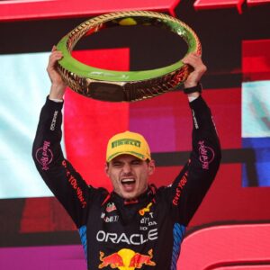 Max Verstappen of Red Bull Racing RB20 celebrates his victory on the podium during the Formula 1 Grand Prix of Brazil
