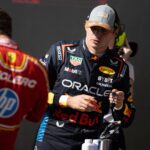 Max Verstappen gives Charles Leclerc a look after the race during the Formula 1 United States Grand Prix at Circuit of the Americas in Austin, Texas, on October 20, 2024.