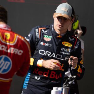 Max Verstappen gives Charles Leclerc a look after the race during the Formula 1 United States Grand Prix at Circuit of the Americas in Austin, Texas, on October 20, 2024.