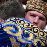 Canelo Alvarez (red trunks) and Gennadiy Golovkin (white trunks) box during a super middleweight championship bout at T-Mobile Arena.