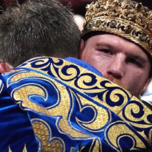 Canelo Alvarez (red trunks) and Gennadiy Golovkin (white trunks) box during a super middleweight championship bout at T-Mobile Arena.