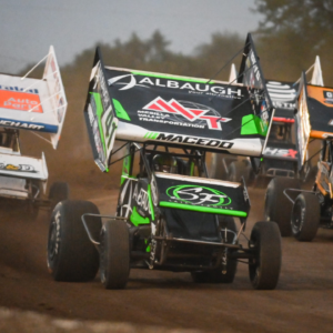 Carson Macedo (41) leads his heat race at the World of Outlaws Larry Hillerud Badger 40 on Friday, July 12, 2024, at the Wilmot Raceway in Wilmot, Wisconsin.