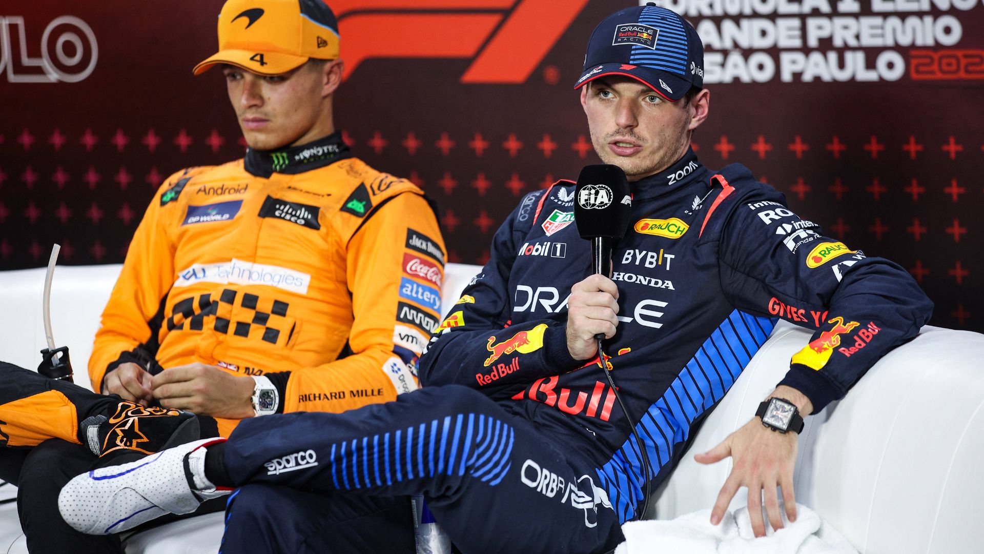 F1 Grand Prix of Brazil Max Verstappen of Red Bull Racing RB20 and Lando Norris of McLaren F1 Team MCL38 pose for a portrait during the Formula 1 Grand Prix of Brazil at Autodromo Jose Carlos Pace in Sao Paulo, Brazil, on October 31 to November 3, 2024