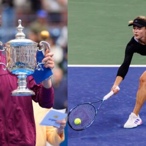 Jannik Sinner (L) lifts the US Open 2024 trophy and Anna Kalinskaya (R) plays a shot at the US Open 2024.