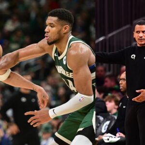 Jayson Tatum and Giannis Antetokounmpo (L) and Joe Mazzulla (R)