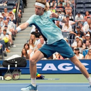 Andrey Rublev plays a shot at the US Open 2024