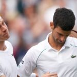 Denis Shapovalov (L) and Novak Djokovic (R) at Wimbledon 2021