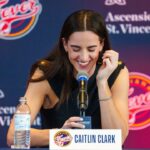 Indiana Fever's Caitlin Clark, former Iowa Hawkeye standout and the no. 1 pick in the 2024 WNBA draft, speaks Wednesday, April 17, 2024, during an introductory press conference inside the entry pavilion at Gainbridge Fieldhouse.