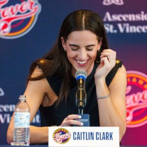 Indiana Fever's Caitlin Clark, former Iowa Hawkeye standout and the no. 1 pick in the 2024 WNBA draft, speaks Wednesday, April 17, 2024, during an introductory press conference inside the entry pavilion at Gainbridge Fieldhouse.