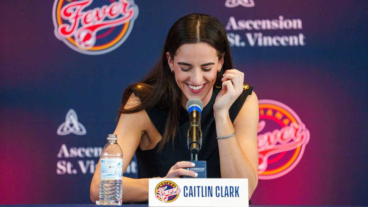 Indiana Fever's Caitlin Clark, former Iowa Hawkeye standout and the no. 1 pick in the 2024 WNBA draft, speaks Wednesday, April 17, 2024, during an introductory press conference inside the entry pavilion at Gainbridge Fieldhouse.