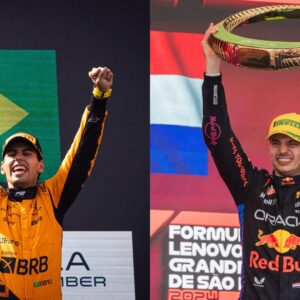 Gabriel Bortoleto (L) and Max Verstappen (R)