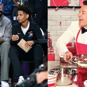 Carmelo and Kiyan Anthony (L) and Jimmy Fallon (R)