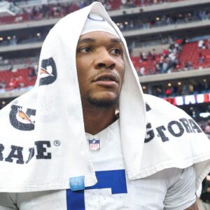 Indianapolis Colts quarterback Anthony Richardson (5) stands on the field after the game against the Houston Texans at NRG Stadium.
