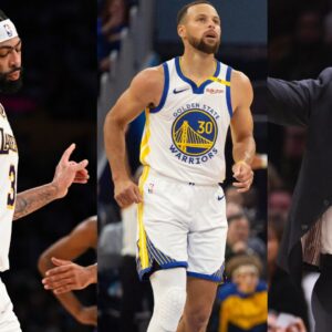 Anthony Davis (L), Steph Curry (C), and Kenrick Perkins (R)